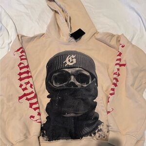 Beige Graphic Hoodie with Red Accents